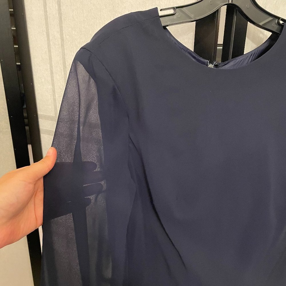 Kamisato Flowy Navy Blue Dress with Sheer Long Sleeves - Picture 2 of 7